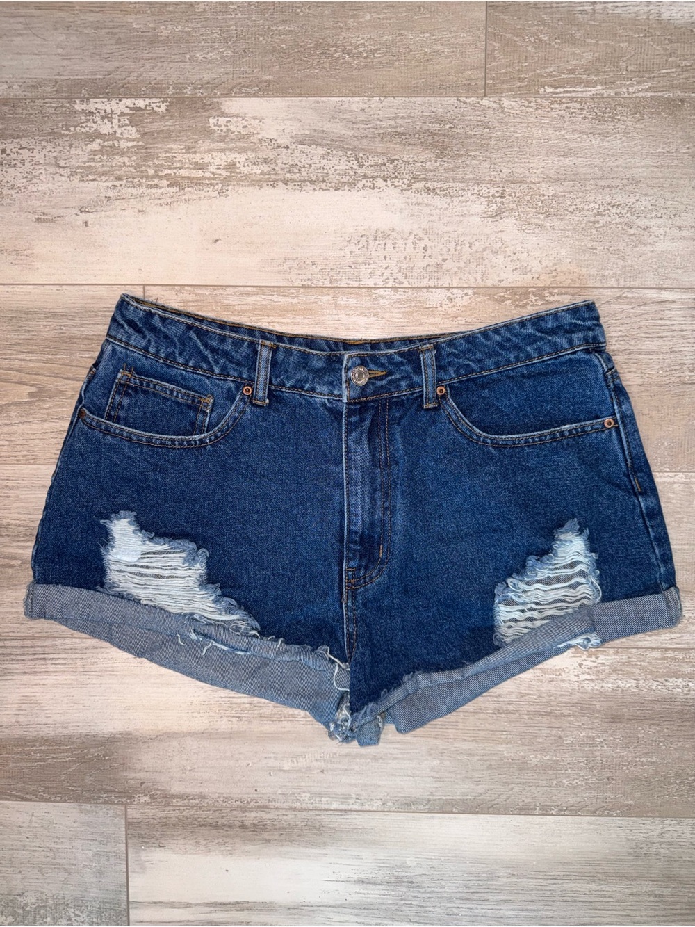 Distressed Denim Shorts Dark Wash Cuffed Raw Hem Festival Summer Shorts Size 31
